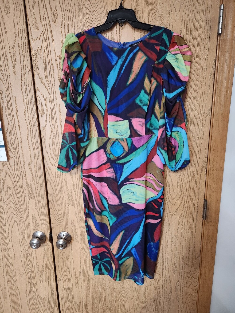CQ by CQ Colorful Abstract Print Sheath Dress with Puffy sleeves- Multicolor